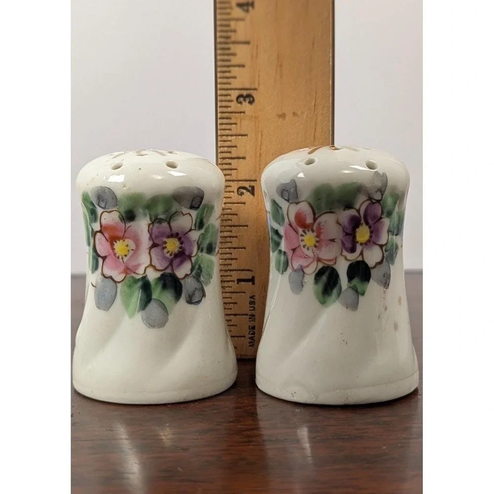 Vintage Hand Painted Japan Floral Porcelain Salt Pepper Shakers Cork Stopper